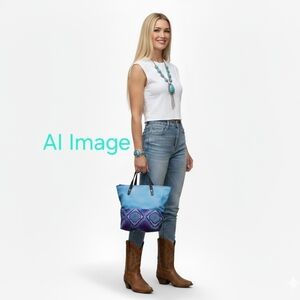 ​Handcrafted Genuine Leather Aztec Rio Tote/Clutch Combo Bright Turquoise Pink